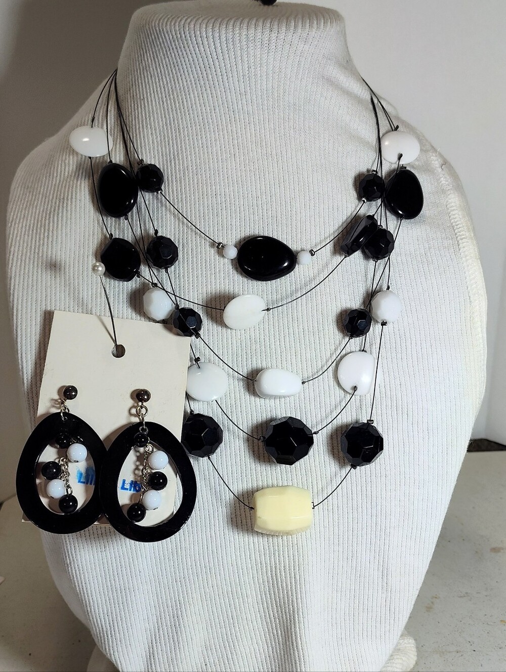 Multi-Strand Black & White Beaded Necklace with Matching Earrings